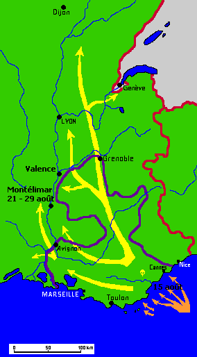 Carte : remontée de la vallée du Rhône août  septembre 1944