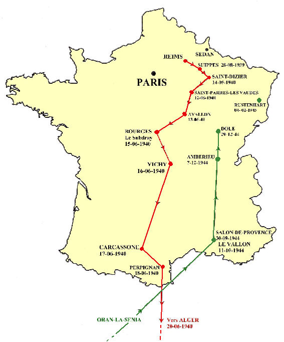 Carte: juin 1940 repli du GC 1/5  après la Bataille de France  + retour ( Campagne de France ) dans la vallée du Rhône en 1944.