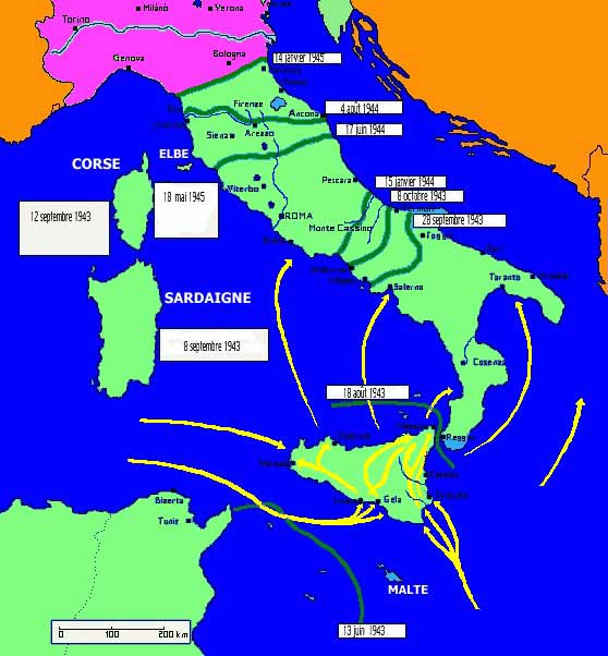 Carte :  remontée des alliés en Méditerranée en 1943- 1944