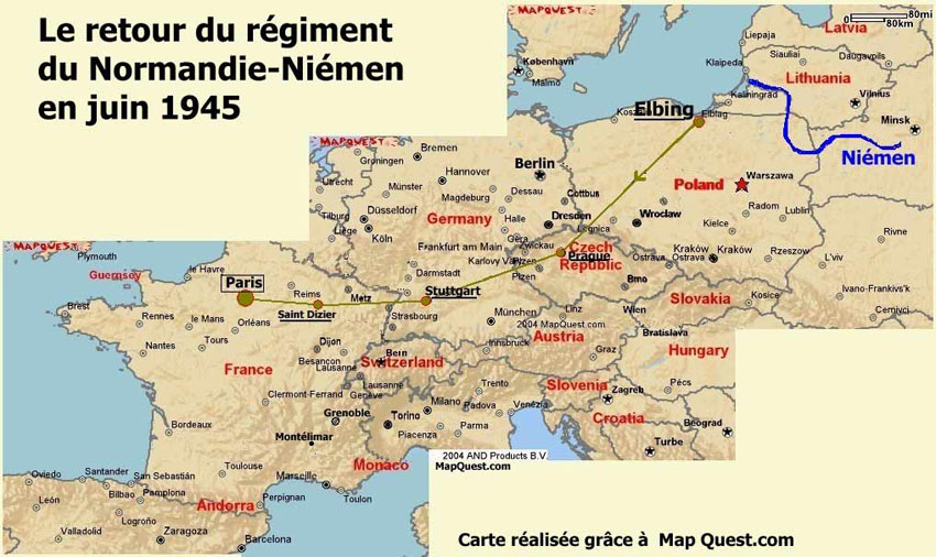 carte : Normandie-Niémen : retour en France du 20 juin 1945. Escales à Prague, Stuttgart, Saint Dizier. Arrivée au Bourget à Paris . 