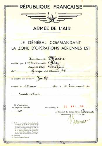 20. Citation de Penzini du 12 mai 1940.Victoire avec Marin La Meslée et Rey. 