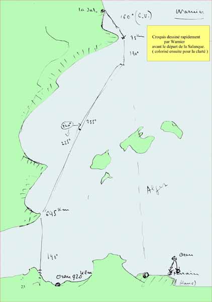 30 Croquis (colorisé) de Warnier pour traverser la Méditerranée le 20 juin 1940. 