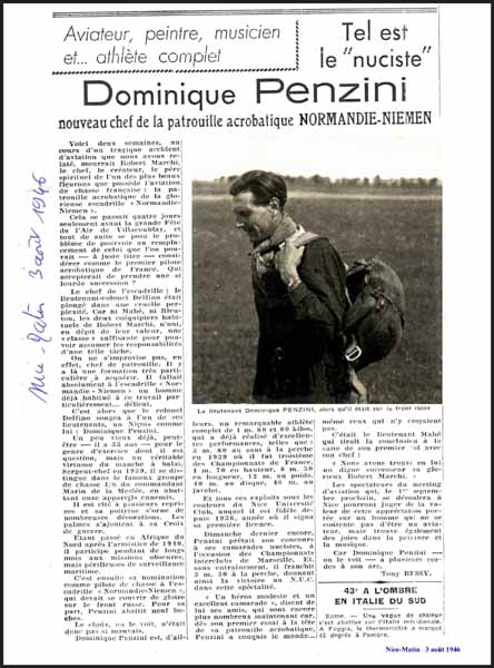 25. Le lieutenant Penzini nommé nouveau chef de la patrouille du " Normandie-Niémen".Article du journal " Nice-Matin" du 3 août 1946 de Tony Bessy.  