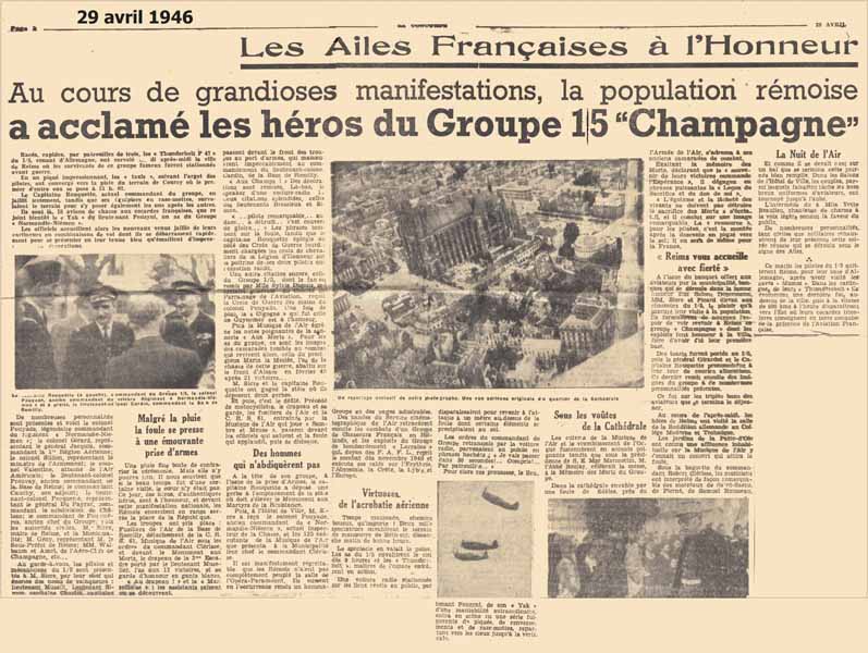 34. Journal de Reims d'avril 1946 sur le GC 1/5 " Champagne"