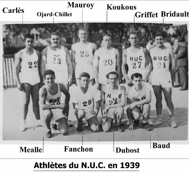 38  Le NUC à Toulouse : Carlès, Ojard-Chillet, Mauroy, Koukous, Griffet Bridault, Méalle,Fanchon, Dubost et Baud en 1939